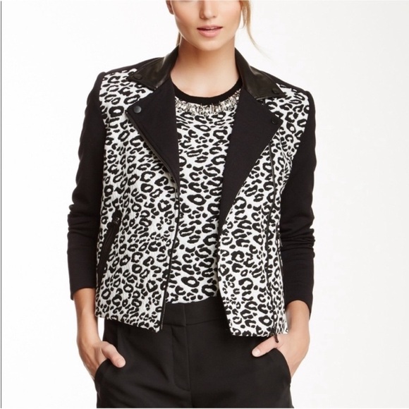 Rebecca Taylor Jacquard Black Leopard & Leather Trim Moto Jacket Size 2 NWT - Picture 8 of 15